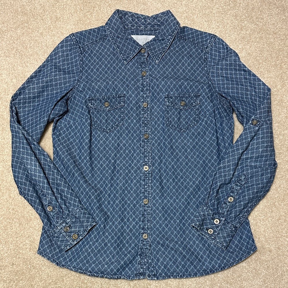 Sonoma button down dark blue chambray denim long sleeve top